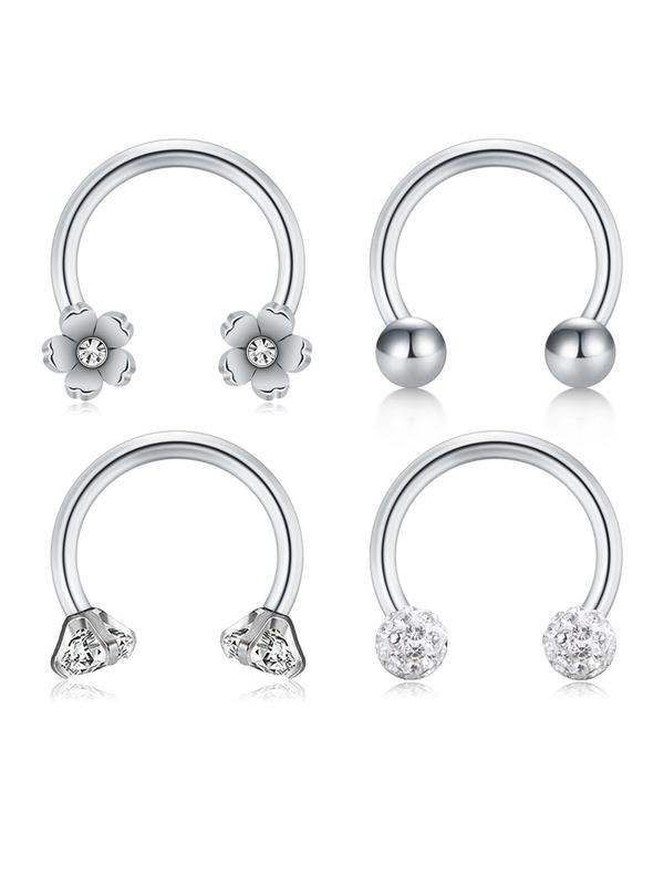 4pcs set Rhinestone Decorated Flower Shaped Nose Ring, Body Piercing Jewelry for Women & Men, U Shaped Stainless Steel Accessory