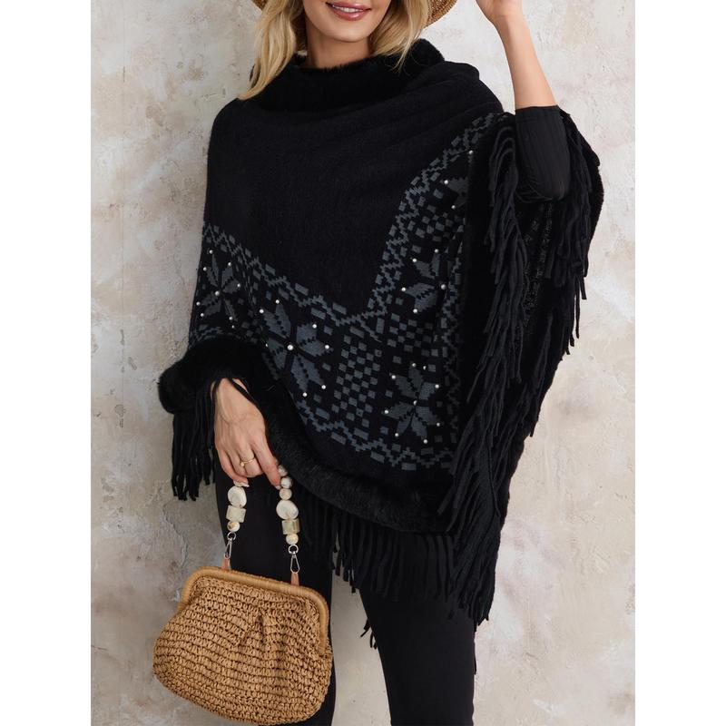 Women's Autumn Winter Poncho Sweater Plush Collar Boho Tassel Cape Knitwear Tops