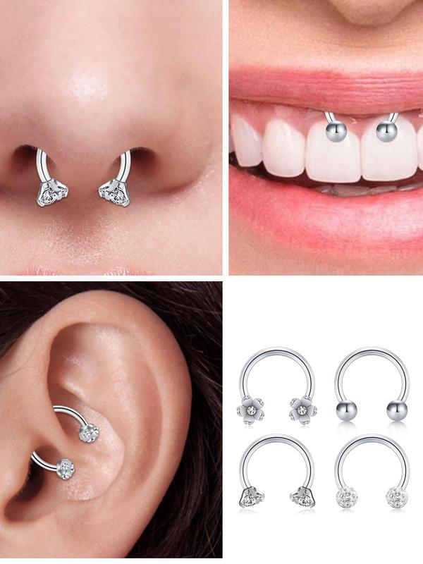 4pcs set Rhinestone Decorated Flower Shaped Nose Ring, Body Piercing Jewelry for Women & Men, U Shaped Stainless Steel Accessory