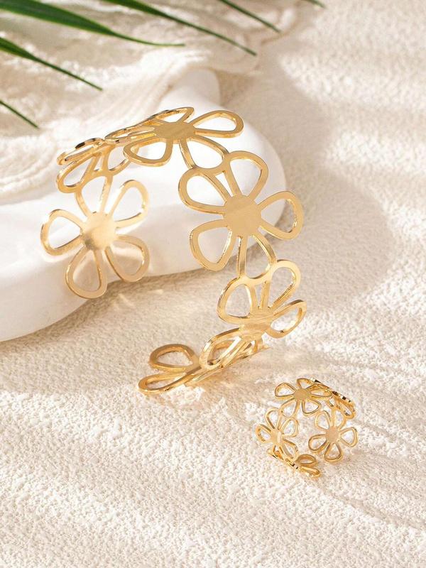 Women's Elegant Minimalist Jewelry Set, 2 Counts set Trendy Vintage Ring & Cuff Bangle Bracelet, Fashion Jewelry Set for Party & Daily Decor for Women & Girls