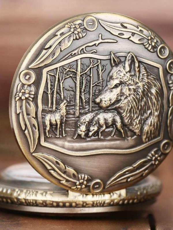 Wolf Head Pattern Quartz Pocket Watch, Animal Pattern Round Dial Stainless Steel Pocket Watch Without Box, Retro Casual Style Watch for Men