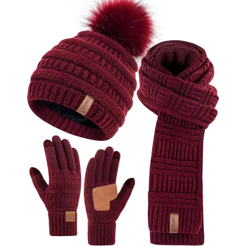 Womens Winter Beanie Scarf Gloves Set, Pom Pom Hat with Warm Fleece Lined Long Knit Scarf Touchscreen Gloves for Cold Weather