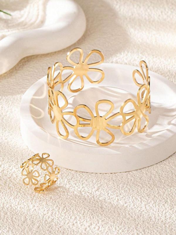 Women's Elegant Minimalist Jewelry Set, 2 Counts set Trendy Vintage Ring & Cuff Bangle Bracelet, Fashion Jewelry Set for Party & Daily Decor for Women & Girls