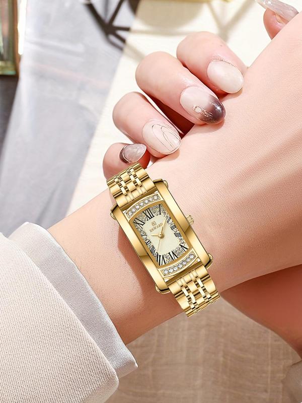 Women's Elegant Rhinestone Decorated Square Dial Quartz Watch, Exquisite Trendy Stainless Steel Wristwatch, Fashionable Watch for Women As Gift with Box