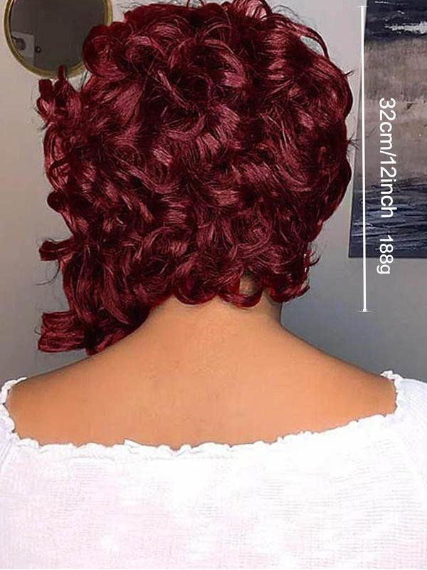 12 Inch Burgundy Short Afro Curly Wigs for Women, Gorgeous Fluffy Wigs with Side-swept Bangs, Synthetic Full Machine Wigs for Party, Daily Use, Glueless Wigs