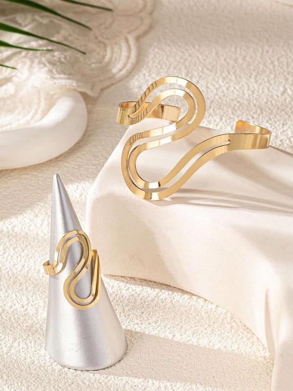 Women's Elegant Minimalist Jewelry Set, 2 Counts set Trendy Vintage Ring & Cuff Bangle Bracelet, Fashion Jewelry Set for Party & Daily Decor for Women & Girls