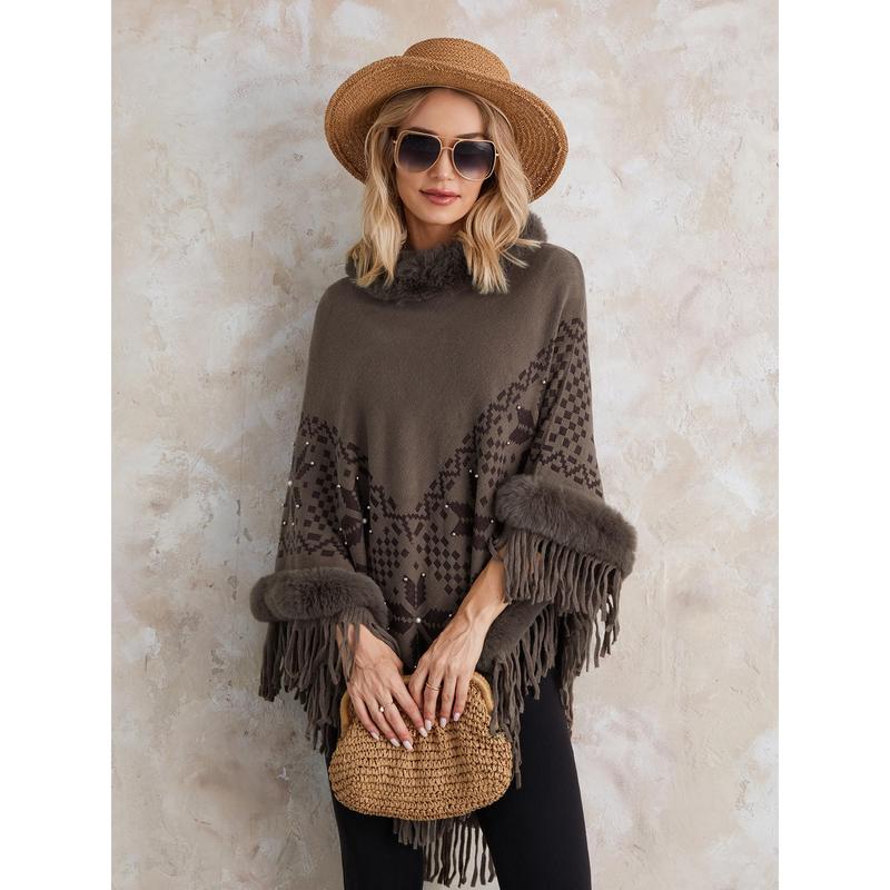 Women's Autumn Winter Poncho Sweater Plush Collar Boho Tassel Cape Knitwear Tops