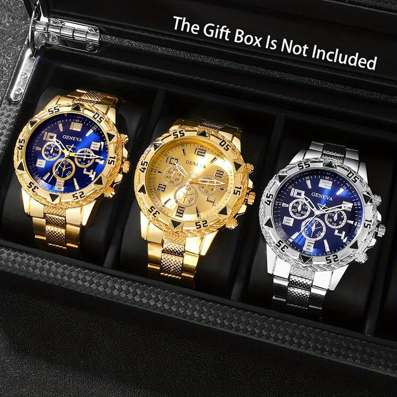 3pc 2pc Geneva Quartz Watch Set for Men - Cool and Handsome Style, Round Dial, Non-Waterproof, Stainless Steel Strap, Zinc Alloy Case, Electronic Movement - Ideal Gift for Valentine's, Easter, Ramadan, Birthdays, Christmas, Eid Al-Adha