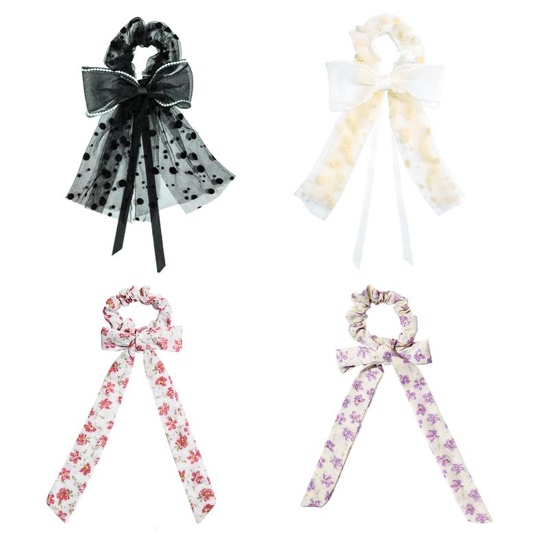 4 Pcs Hair Scrunchies with Ribbon Bow Long Hair Band Knotted Hair Bows Scrunchies floral hair scrunchies ribbon lace hair scrunchies with bowknot bowtie set