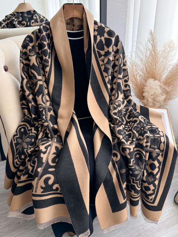 Women's Geometric Print Tassel Decor Shawl, Casual Soft Warm Long Scarf for Fall & Winter, Fashion Accessories for Daily Wear