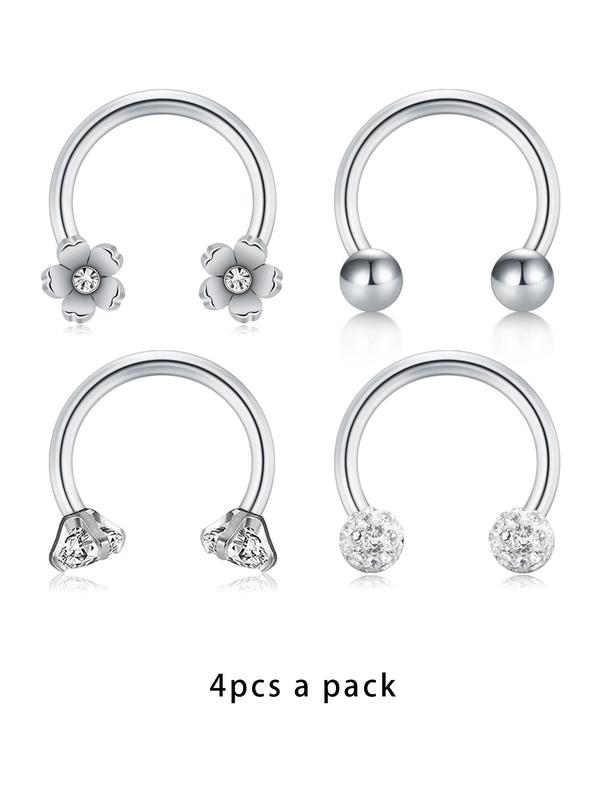 4pcs set Rhinestone Decorated Flower Shaped Nose Ring, Body Piercing Jewelry for Women & Men, U Shaped Stainless Steel Accessory