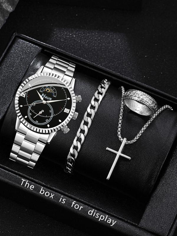 Men's Business Fashion Round Dial Analog Quartz Watch & Cuban Chain Bracelet & Cross Pendant Necklace & Ring, Fashion Watch Set for Party, Daily Decor, Exquisite Watch Set for Gift