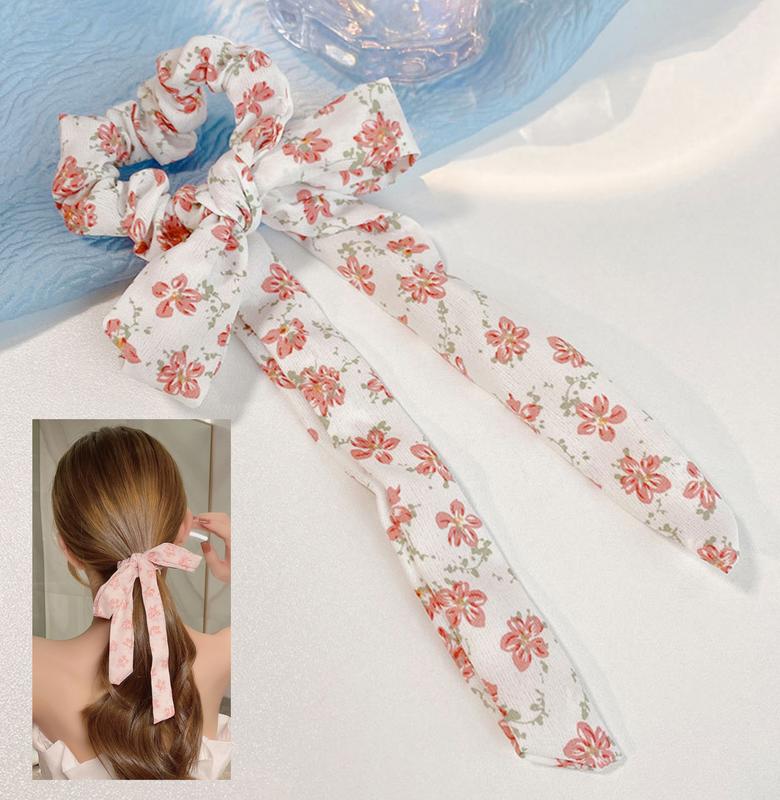 4 Pcs Hair Scrunchies with Ribbon Bow Long Hair Band Knotted Hair Bows Scrunchies floral hair scrunchies ribbon lace hair scrunchies with bowknot bowtie set