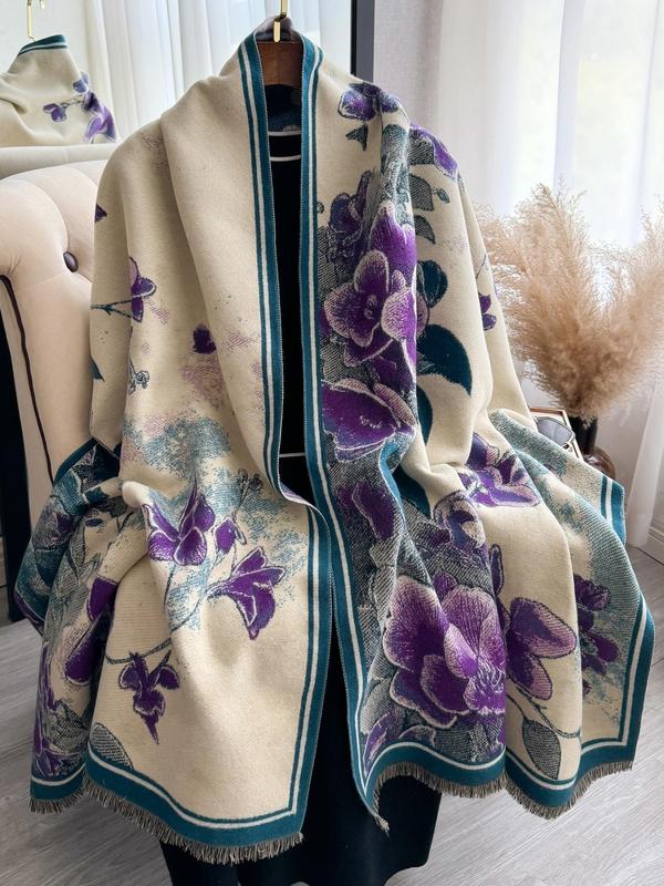 Women's Animal Butterfly & Floral Print Raw Trim Shawl, Imitation Cashmere Scarf, Casual Soft Warm Long Scarf for Fall & Winter, Fashion Accessories for Women & Girls