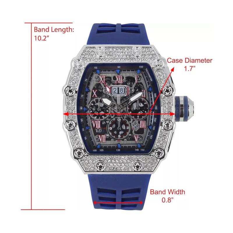 Hip Hop Style Iced Gold Silver Tone Luxury Silicone Band Date Bling Lab Diamond Bezel Watch Wristwatch