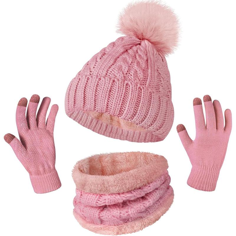 Womens Winter Hat Scarf Glove Set Warm Fleece Lined Pom Beanie Hat Neck Warmer and Touchscreen Gloves