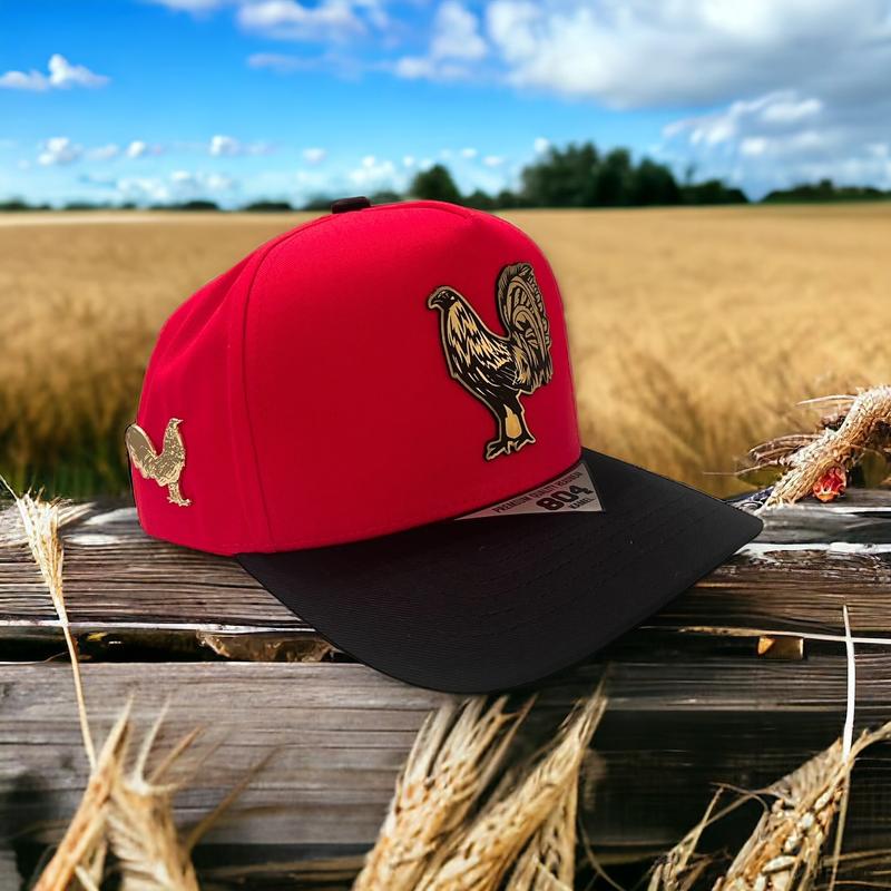 Rooster Hat  with a rooster pin on the right side  SnapBack Adjustable.