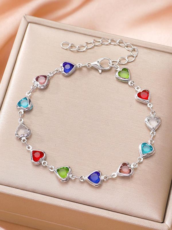 Colorful Heart Design Link Bracelet, Rhinestone Decor Jewelry for Party, Daily Clothing Decor, Trendy All-match & Exquisite Jewelry for Fall Festival Birthday Gift