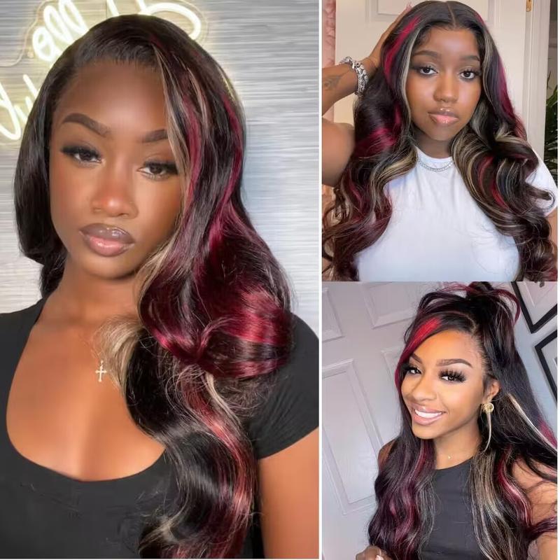 Black Red Blonde Highlights Human Hair Body Wave Wigs 13x4 Transparent Lace Front Wigs Pre Plucked with Baby Hair Brazilian Glueless Frontal Wig 180% Density Blonde Red Highlights Wig Body Wave Lace Front Wig