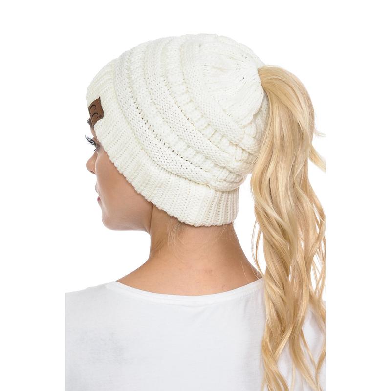 Soft Stretch Cable Knit Warm Hat High Bun Ponytail Beanie - C.C Solid MB20A