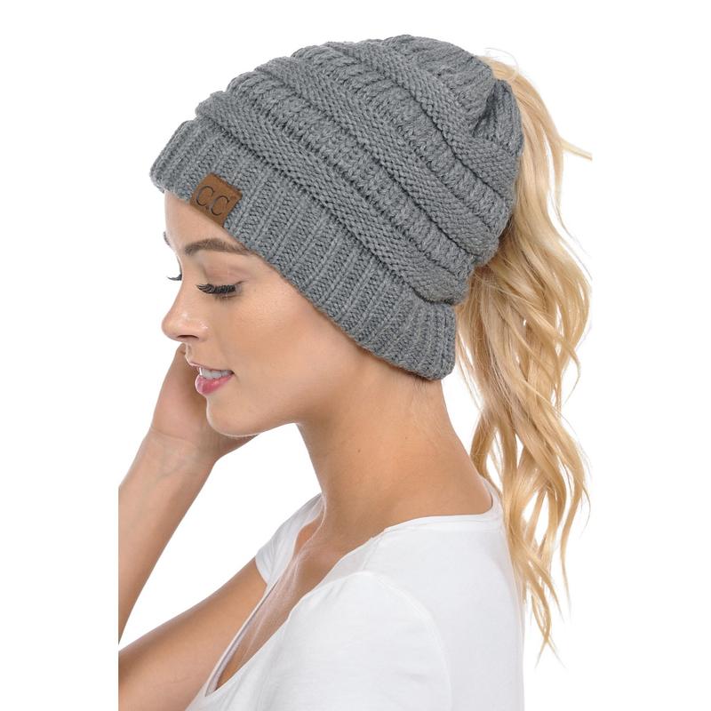 Soft Stretch Cable Knit Warm Hat High Bun Ponytail Beanie - C.C Solid MB20A