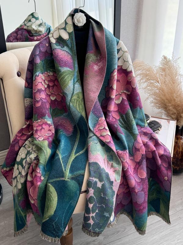 Women's Animal Butterfly & Floral Print Raw Trim Shawl, Imitation Cashmere Scarf, Casual Soft Warm Long Scarf for Fall & Winter, Fashion Accessories for Women & Girls