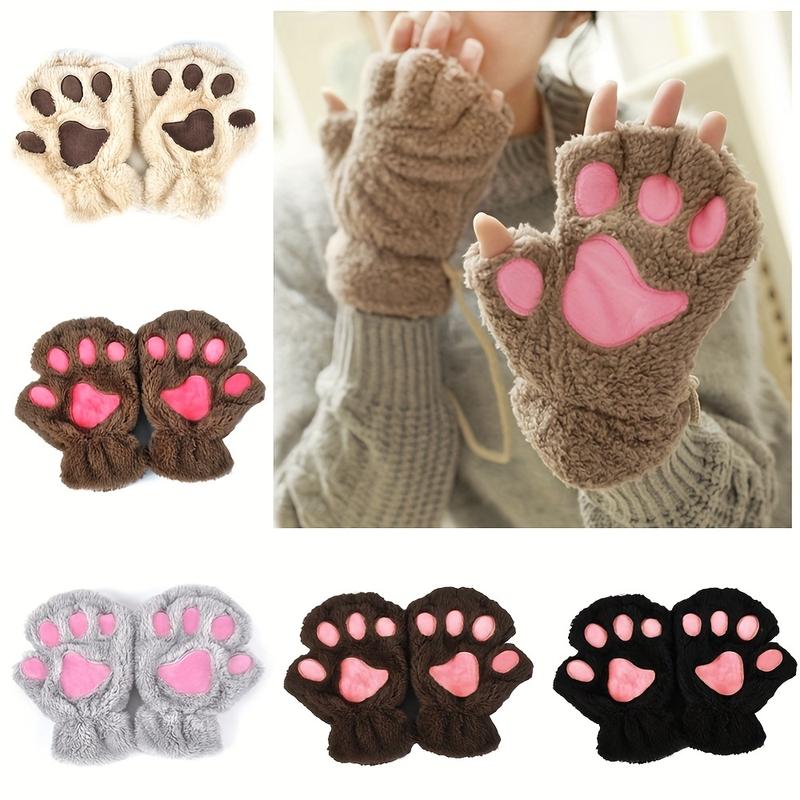 Cute Cat's Paw Plush Gloves Winter Half Finger Warm Cartoon Cat's Paw Gloves Thick Soft Short Touchpad Sensible Gloves