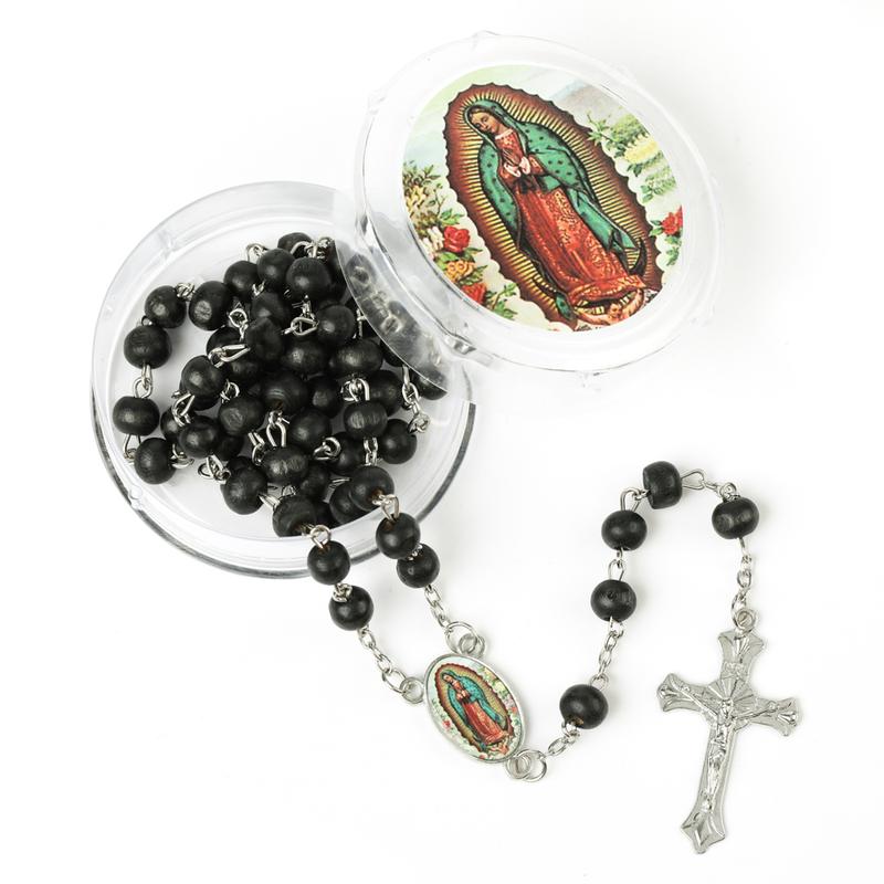 Religious prayer Our Lady of Guadalupe(Virgen De Guadalupe)Scented Wooden beads rosary cross with jesus Recuerdos de Bautizo