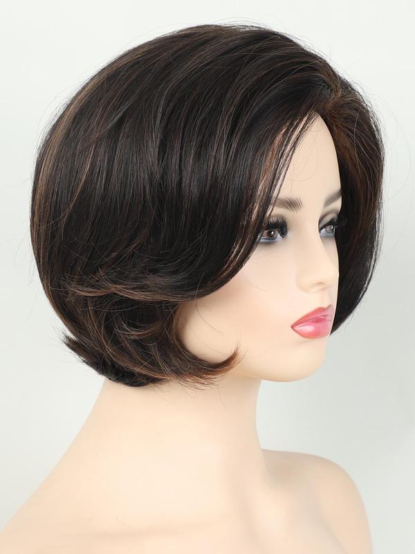 Short Straight Bob Wigs for Women, Gorgeous Fluffy Wigs with Side Swept Bangs, Synthetic Full Machine Wigs for Party, Daily Use