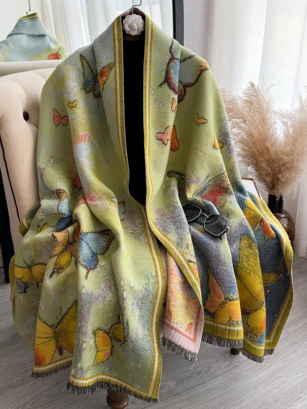 Women's Animal Butterfly & Floral Print Raw Trim Shawl, Imitation Cashmere Scarf, Casual Soft Warm Long Scarf for Fall & Winter, Fashion Accessories for Women & Girls