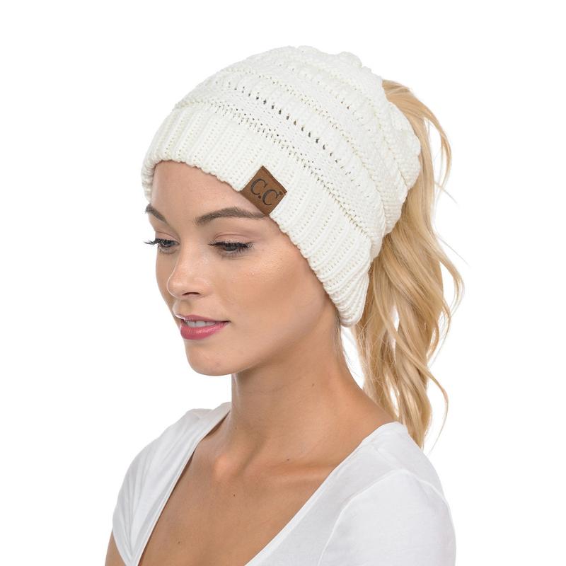 Soft Stretch Cable Knit Warm Hat High Bun Ponytail Beanie - C.C Solid MB20A