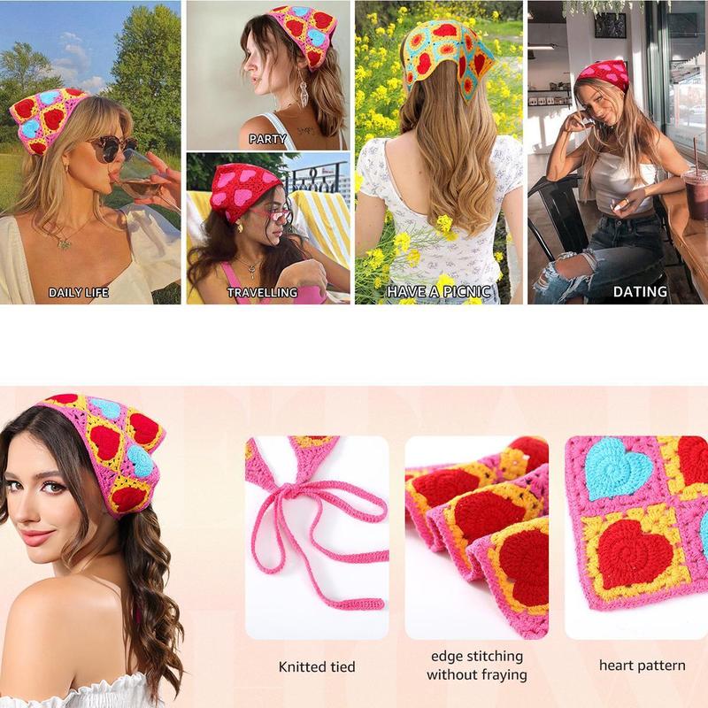 AWAYTR 2Pcs Set Crochet Bandanas for Women Heart Shape Fashion knitted Headbands Hair Scarf Kerchief Head Wraps