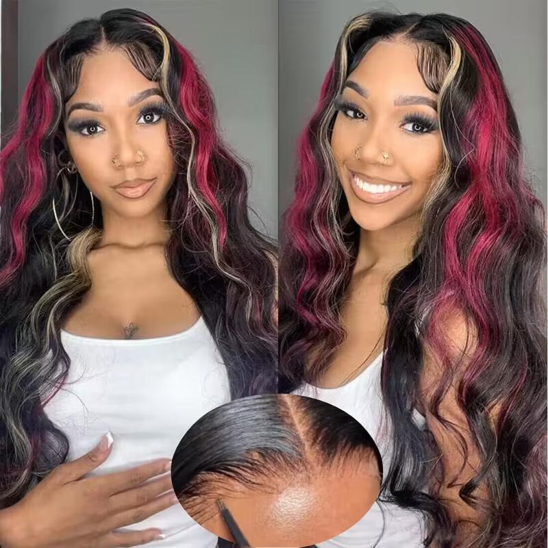 Black Red Blonde Highlights Human Hair Body Wave Wigs 13x4 Transparent Lace Front Wigs Pre Plucked with Baby Hair Brazilian Glueless Frontal Wig 180% Density Blonde Red Highlights Wig Body Wave Lace Front Wig