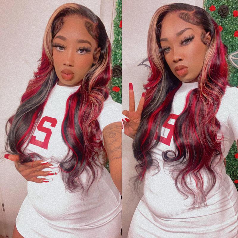 Black Red Blonde Highlights Human Hair Body Wave Wigs 13x4 Transparent Lace Front Wigs Pre Plucked with Baby Hair Brazilian Glueless Frontal Wig 180% Density Blonde Red Highlights Wig Body Wave Lace Front Wig