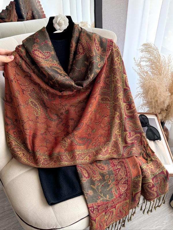 Boho Style Paisley Print Long Scarf, Casual Versatile Tassel Decor Shawl for Women, Fashion Accessories for Daily Wear