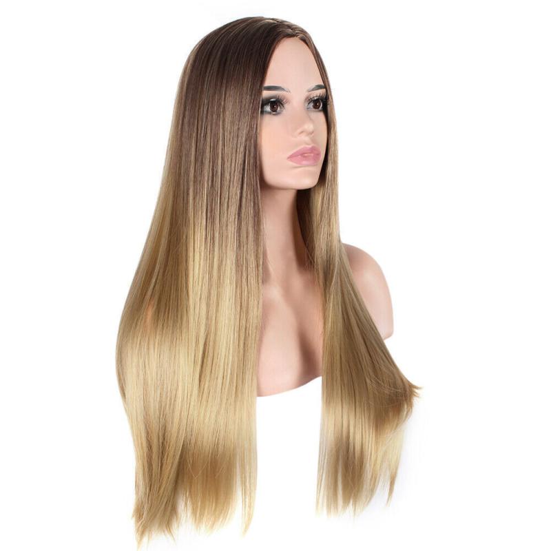 Women Real Long Straight Hair Wigs Ladies Natural Ombre Blonde Cosplay Full Wig