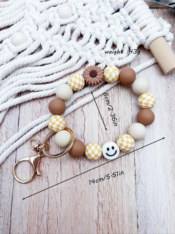 Boho Style Checkerboard Pattern Silicone Beaded Keychain, Cute Flower & Smile Face Charm Keychain, Fashion Accessories for Women & Men