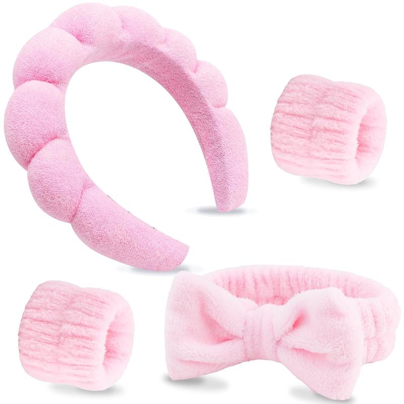 Makeup Hair Accessories Set - 4 Pcs Face Wash Headbands, Pink Puffy Sponge Bow Tie Headbands and Wristbands, Skincare Gift Set for Women and Girls