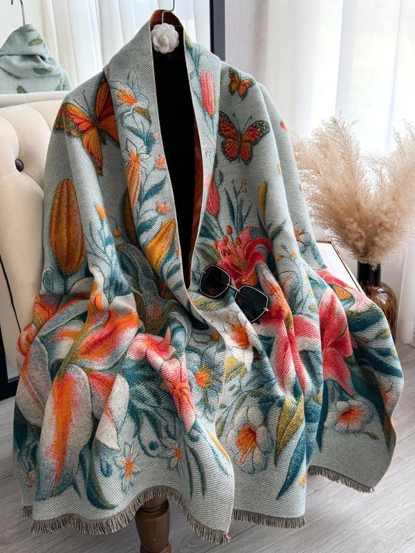 Women's Animal Butterfly & Floral Print Raw Trim Shawl, Imitation Cashmere Scarf, Casual Soft Warm Long Scarf for Fall & Winter, Fashion Accessories for Women & Girls