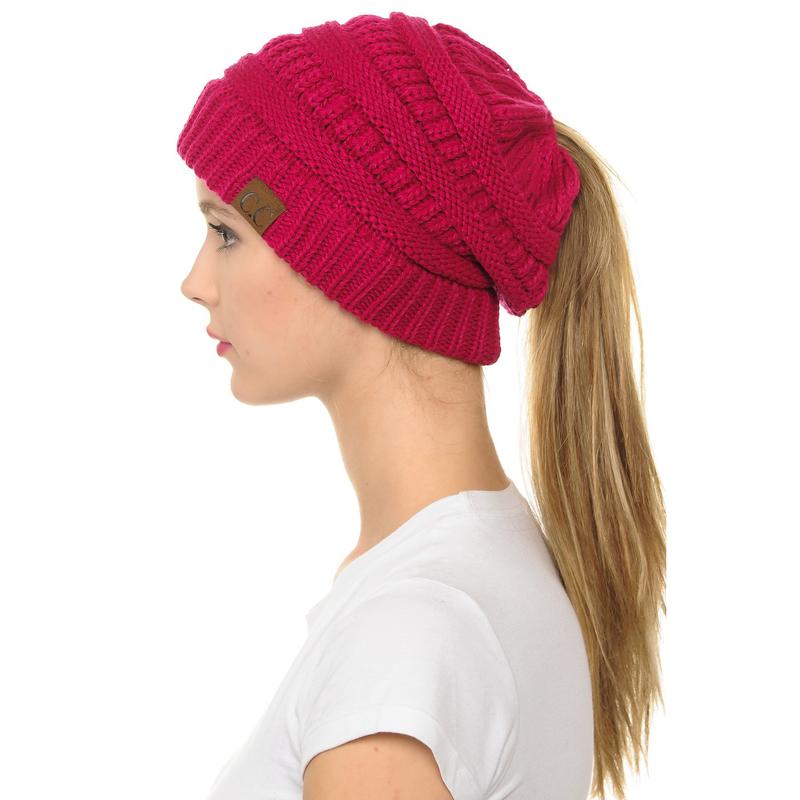 Soft Stretch Cable Knit Warm Hat High Bun Ponytail Beanie - C.C Solid MB20A