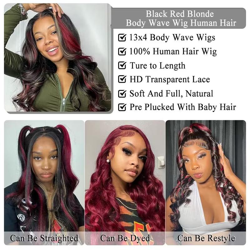 Black Red Blonde Highlights Human Hair Body Wave Wigs 13x4 Transparent Lace Front Wigs Pre Plucked with Baby Hair Brazilian Glueless Frontal Wig 180% Density Blonde Red Highlights Wig Body Wave Lace Front Wig