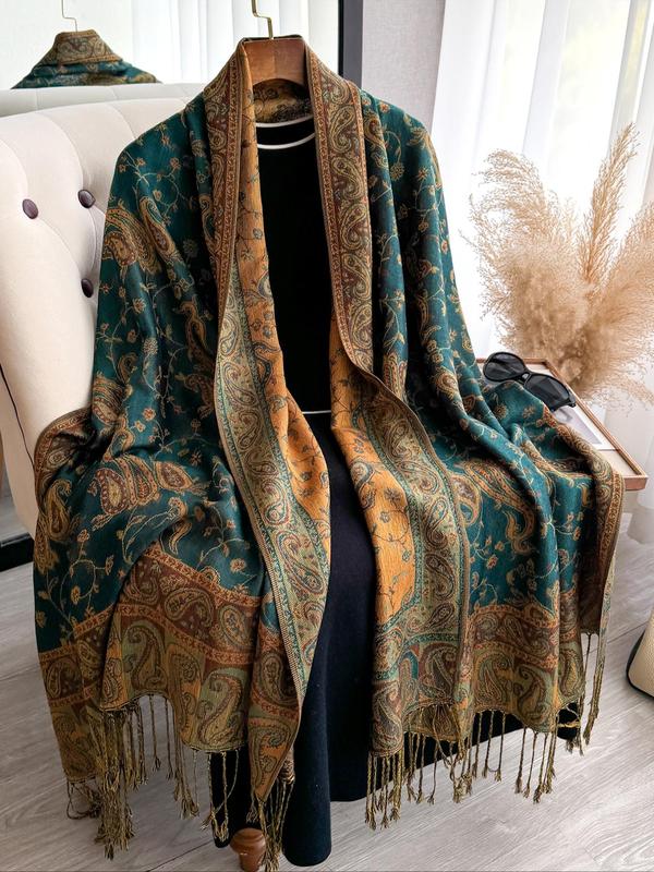 Boho Style Paisley Print Long Scarf, Casual Versatile Tassel Decor Shawl for Women, Fashion Accessories for Daily Wear