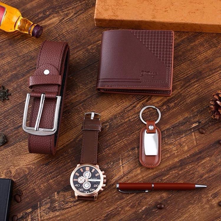 Men's Gift Set With Box Brown Leather Belt Wallet