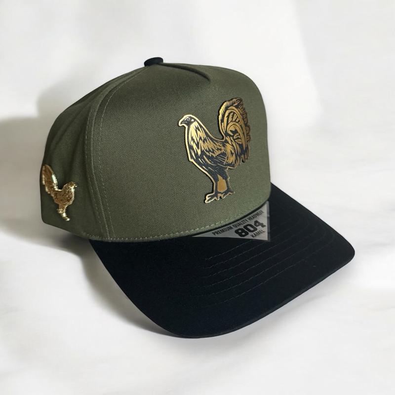 Rooster Hat  with a rooster pin on the right side  SnapBack Adjustable.