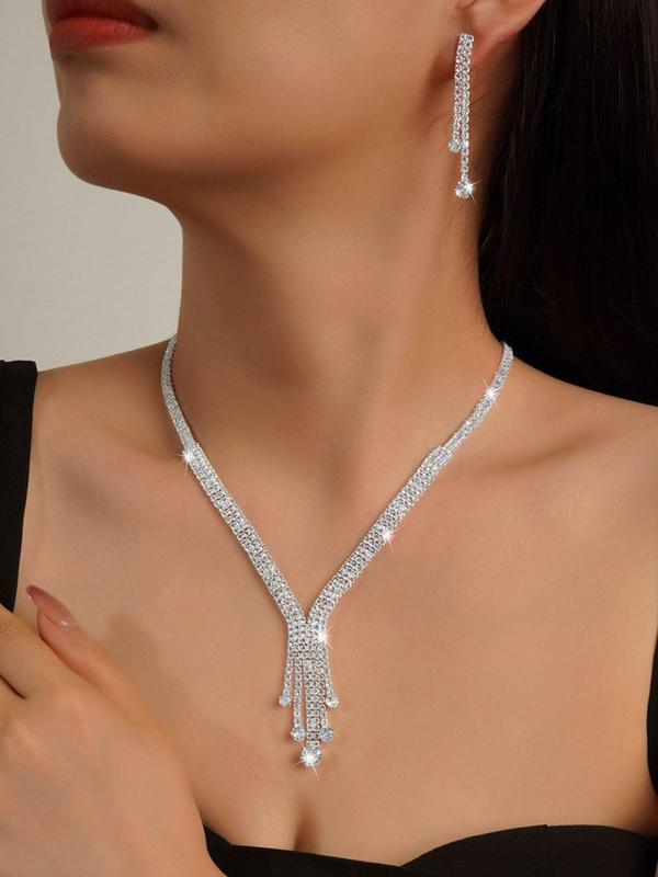 Women's Elegant Rhinestone Decorated Necklace & Dangle Earrings, Exquisite Trendy Jewelry Set, Fashionable Jewelry Set for Party Decoration