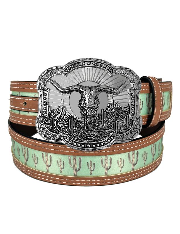 Topacc Western Belts for Womens Mens Cactus Print Country Belts with Buckles for Pants