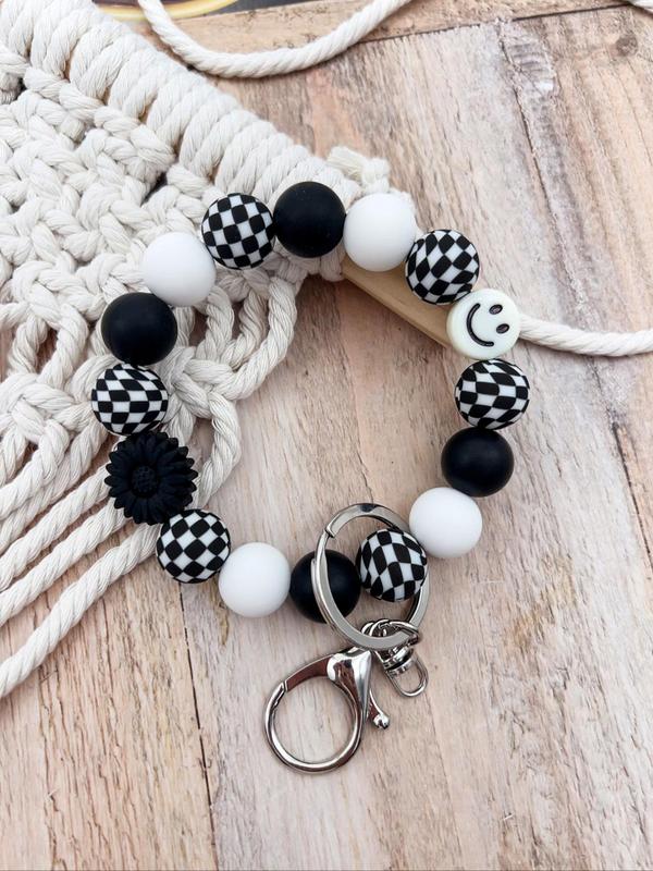 Boho Style Checkerboard Pattern Silicone Beaded Keychain, Cute Flower & Smile Face Charm Keychain, Fashion Accessories for Women & Men