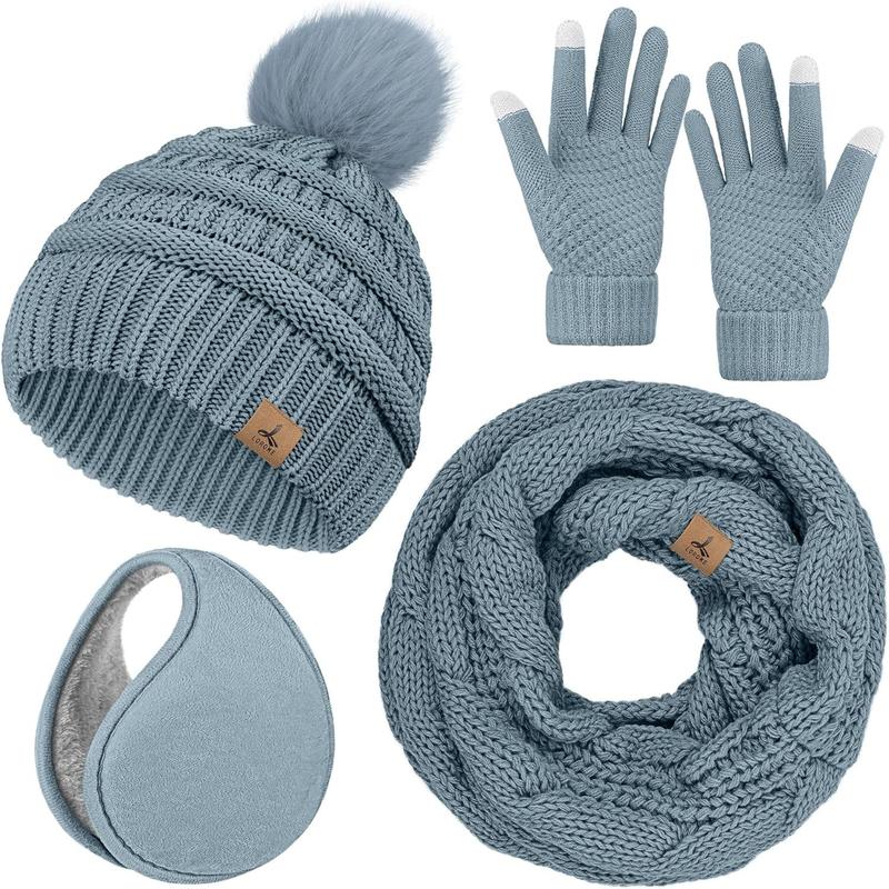 Winter Hat Scarf Gloves and Ear Warmer, Warm Knit Beanie Hat Touch Screen Gloves Set Winter Gifts  Scarves for Women