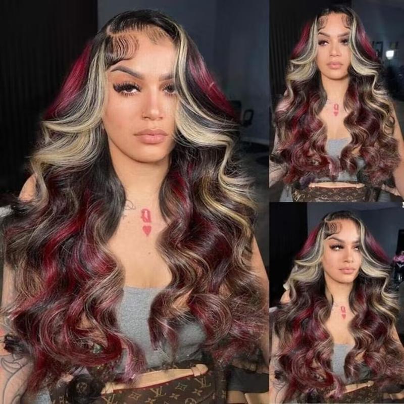 Black Red Blonde Highlights Human Hair Body Wave Wigs 13x4 Transparent Lace Front Wigs Pre Plucked with Baby Hair Brazilian Glueless Frontal Wig 180% Density Blonde Red Highlights Wig Body Wave Lace Front Wig