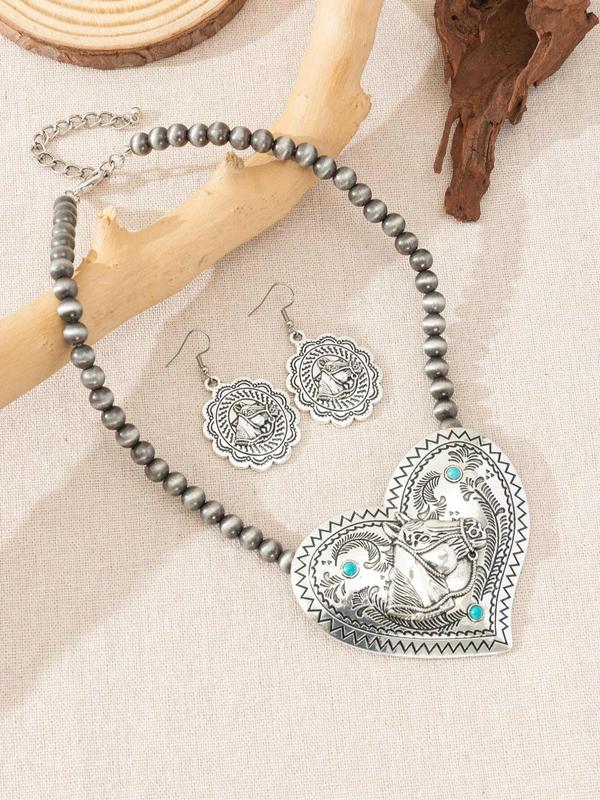 Women's Boho Style Vintage Jewelry Set, 3 Counts set Trendy Heart & Flower Design Beaded Necklace & Dangle Earrings, Chic Retro Jewelry Set As Gift for Girlfriend